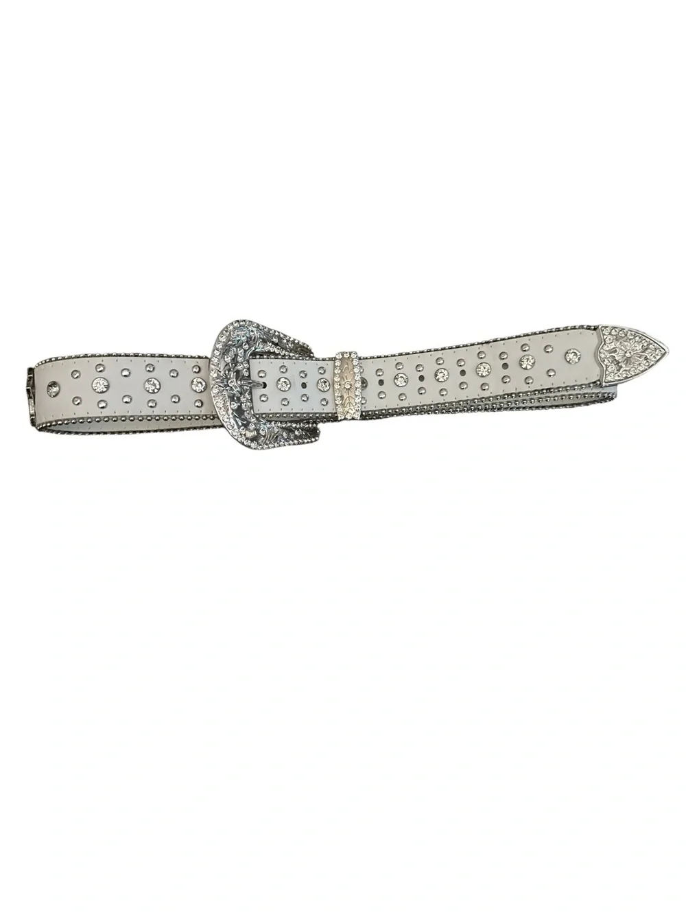 White Rhinestone Western Buckle Belt - Decorative Crosses & Silver Hardware - Picture 5 of 5